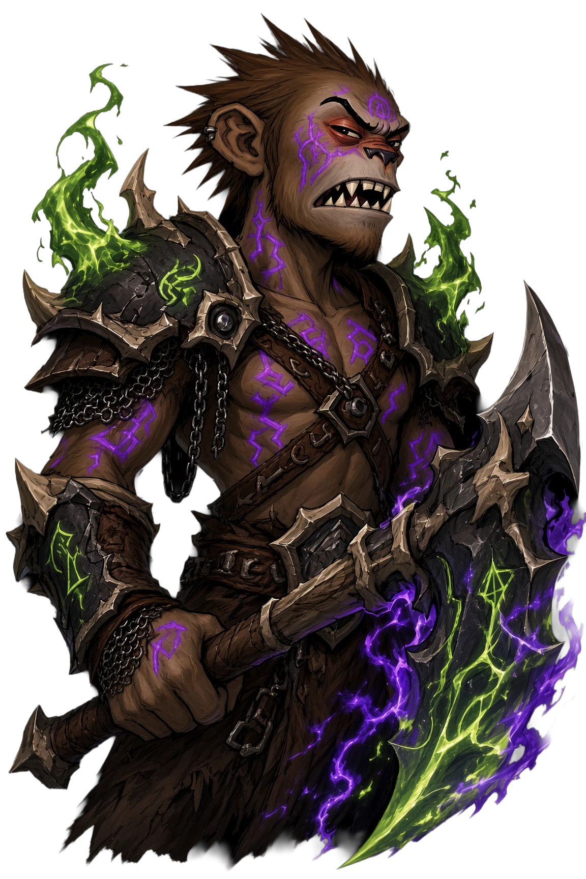 A fierce armored monkey with violet runes, green flames, and a massive battle axe — the Sonic Death Monkey guild mascot.